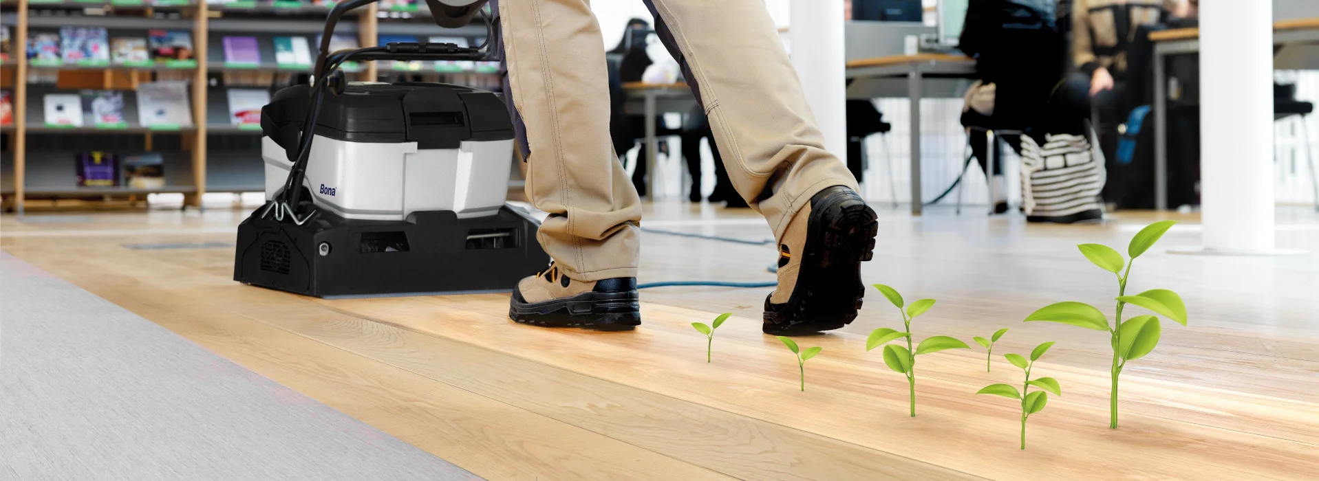 Eco-friendly wood floor sanding on a solid European maple strip floor, showing a Bona dustless machine in action with green saplings symbolising sustainable restoration.