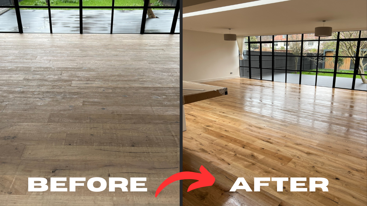 Before and after wood floor sanding on a European oak plank floor, showing the transformation from dull, worn boards to a dazzling, freshly sealed finish.