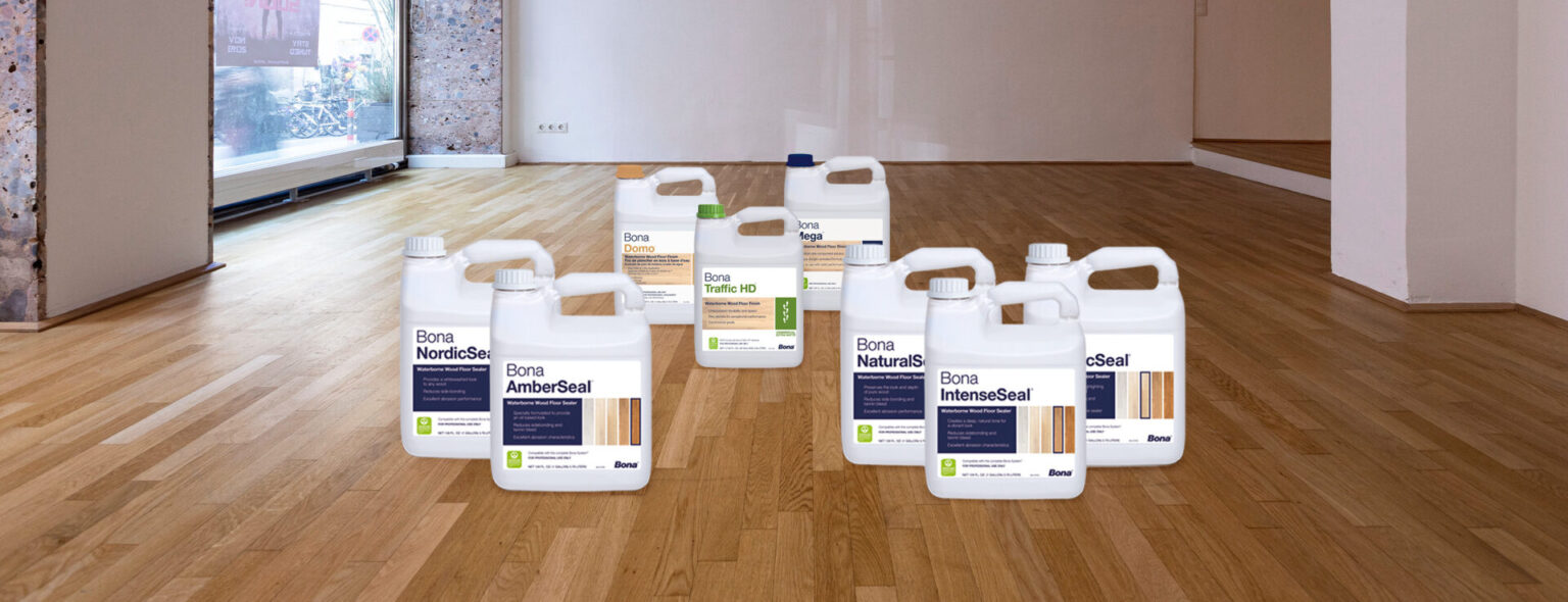 Wood Floor Sanding in New Southgate on an oak strip hardwood floor, with Bona sealers and lacquers displayed as finishing options.