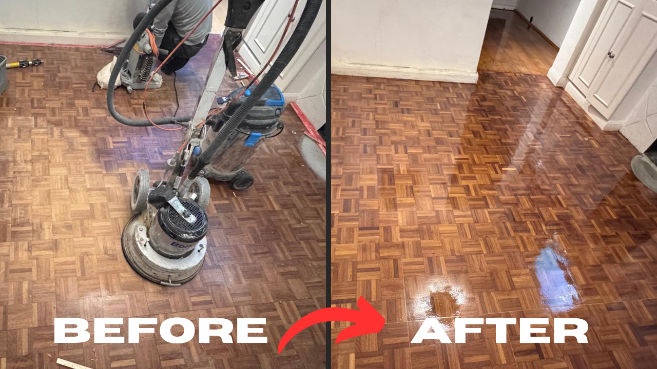 Wood Floor Sanding in New Southgate showing a before and after transformation of an oak parquet block floor, from dull and worn to rich and glossy.