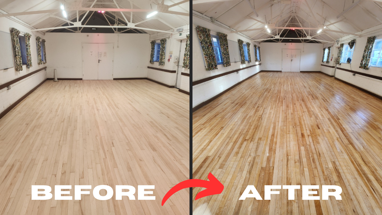 Commercial Floor Sanding in New Southgate showing before and after of a maple hardwood strip floor in a community hall, beautifully restored and sealed.