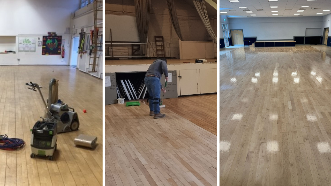 Commercial Floor Sanding in New Southgate showing a three-stage transformation of an oak strip sprung hall floor from worn to fully refinished.