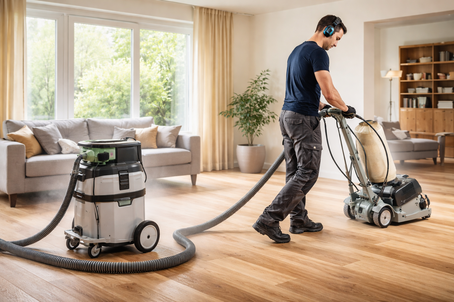 Professional virtually dust-free floor sanding in a bright New Southgate living room using modern wood floor restoration equipment